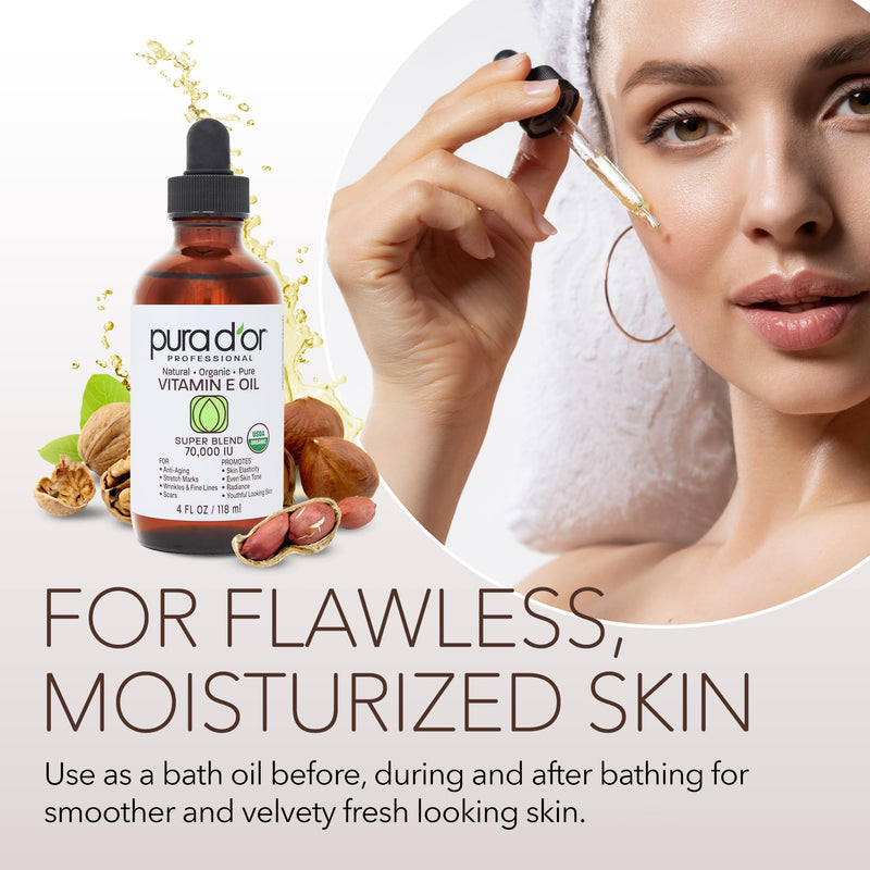 [Australia] - PURA D'OR 4 Oz ORGANIC Vitamin E Oil Blend 70,000 IU - 100% Natural Hexane Free, Sweet Almond, Apricot, Jojoba, Argan, Rosehip, Sunflower & Avocado Bath Oil For Scars, Skin, Face & Full Body 
