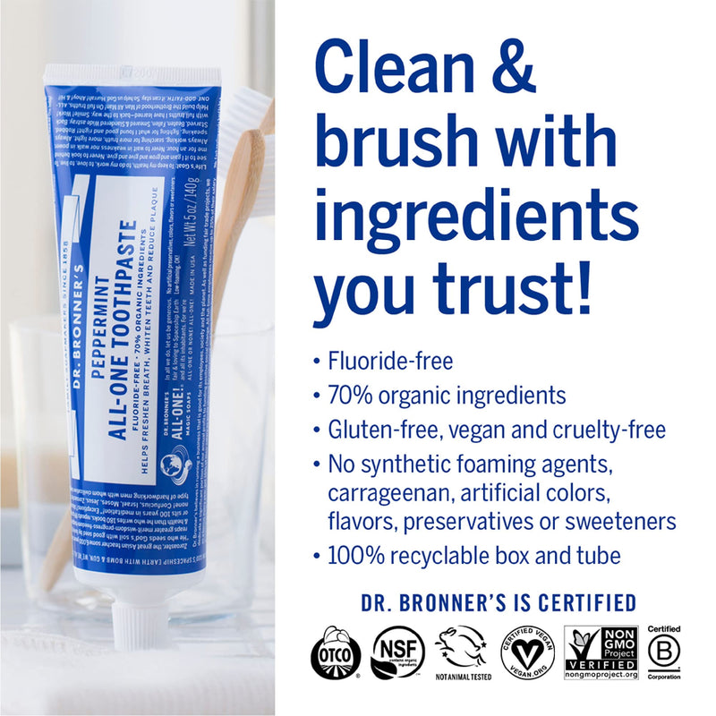 [Australia] - Dr. Bronner’s - All-One Toothpaste Variety Pack - Peppermint & Spearmint, 70% Organic Ingredients, Fluoride-Free, Helps Freshen Breath, Vegan (5oz, 4-Pack) 5 Ounce (Pack of 4) 