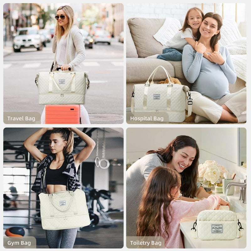 Travel Bags for Women Weekender Travel Duffel Tote Bag Carry on Overnight Bag Personal Item Travel Bag Sports Gym Tote Bag with Toiletry Bag Hospital Bag for Women Labor Delivery Beige