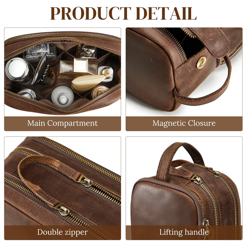 S-ZONE Leather Travel Toiletry Bag for Men Women Cosmetic Shaving Bags | Vintage Top Grain Leather, Multi Compartments, Bronze Hardware, Compact Dopp Kit Dark Brown