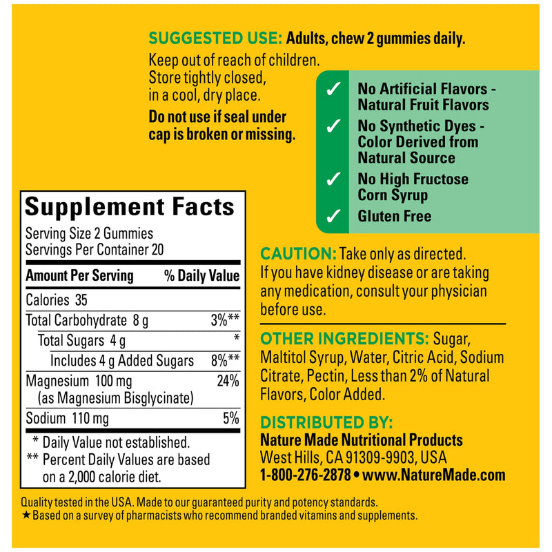 Nature Made High Absorption Magnesium Glycinate Gummies, 40 Count | Magnesium Supplement 100 mg per Serving for Muscle, Nerve, Bone and Heart Support, Magnesium Gummies, 20 Day Supply 40 Count (Pack of 1)