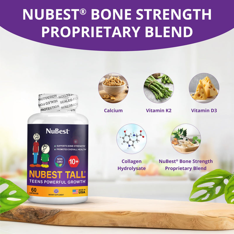 NuBest Tall 10+ Premium Bone Strength Formula, Enhanced Immunity and Overall Health for Age 10+ with Calcium, Vitamin D3, Vitamin K2, and Multivitamins | 60 Capsules | 1 Month Supply 60 Count (Pack of 1)