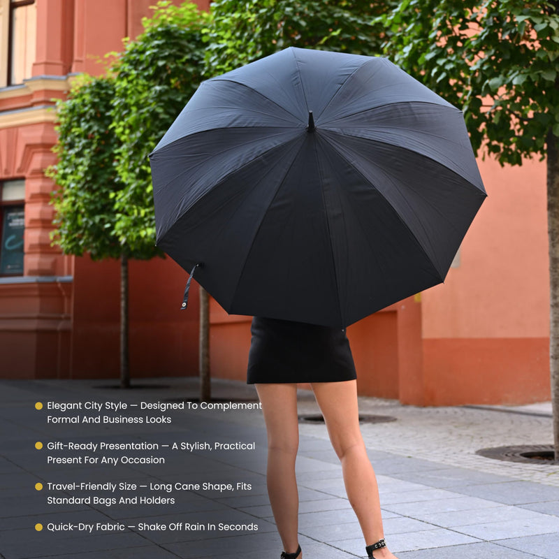 KRAGO Travel Umbrella - Large 55 Inch Windproof Golf Stick Umbrella | Umbrella for Rain - Auto Open Fiberglass Frame Straight Umbrella with Stylish Plastic Handle - Big for Men and Women Black with Silver