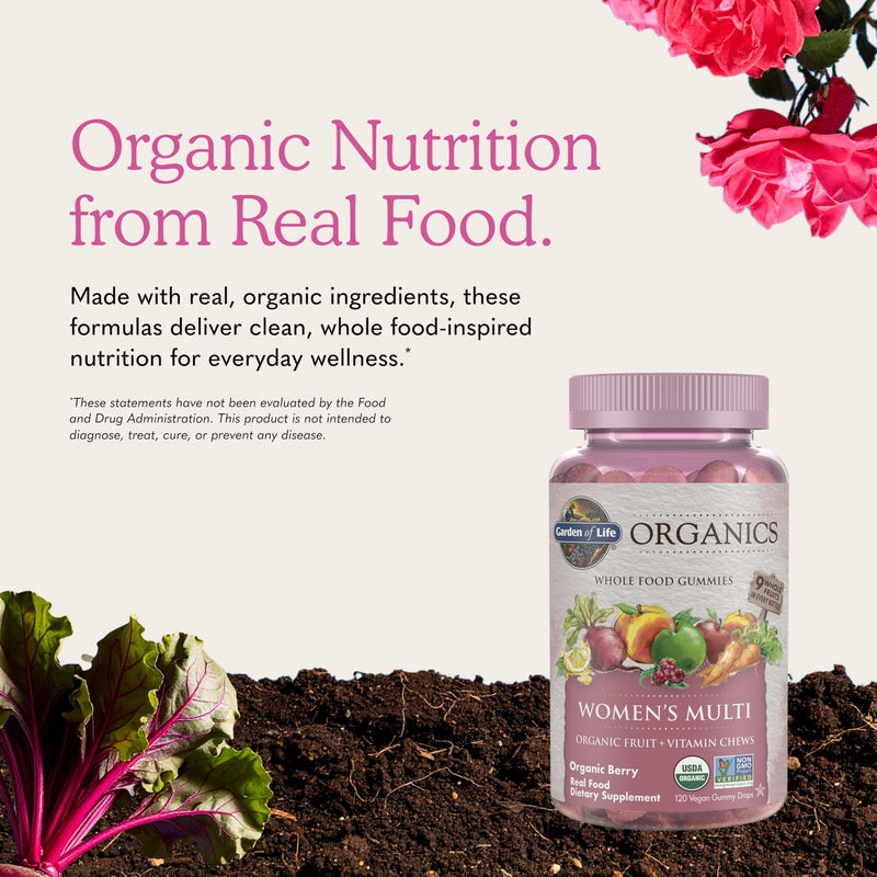 Garden of Life Organics Women's Gummy Vitamins - Berry - Certified Organic, Non-GMO, Vegan, Kosher Complete Multi - Methyl B12, C & D3 - Gluten, Soy & Dairy Free, 120 Real Fruit Gummies Organic Berry 120 Count (Pack of 1)