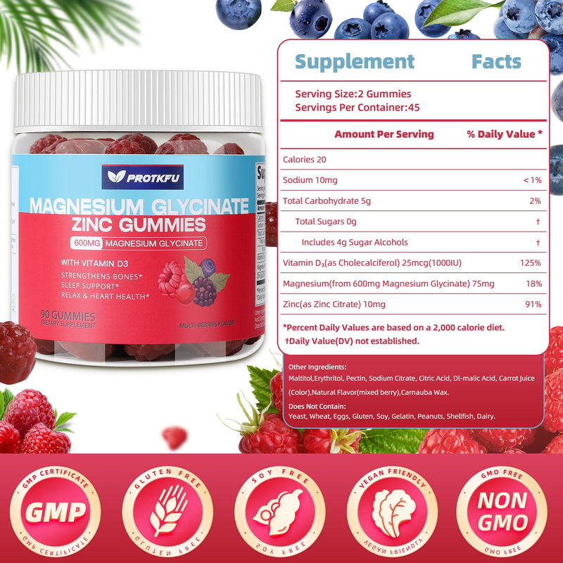 600mg Magnesium Glycinate Gummies, 90 Count | Sugar Free Magnesium Supplement w/Zinc & Vitamin D3, Vegan Non-GMO Magnesium Gummies for Bone, Muscle & Nerve Health 90 Count (Pack of 1)