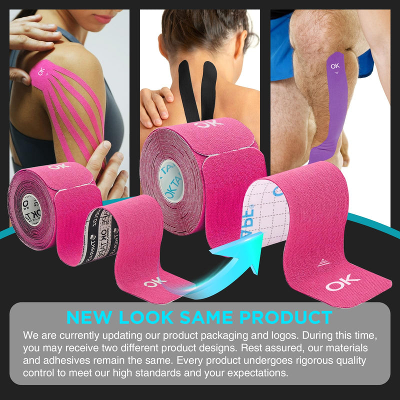 OK TAPE 4 Rolls Kinesiology Tape Precut, Cotton Elastic Athletic Tape Latex Free,20 Strips per Roll 2in x 16ft,Muscle Support,Pink Pink