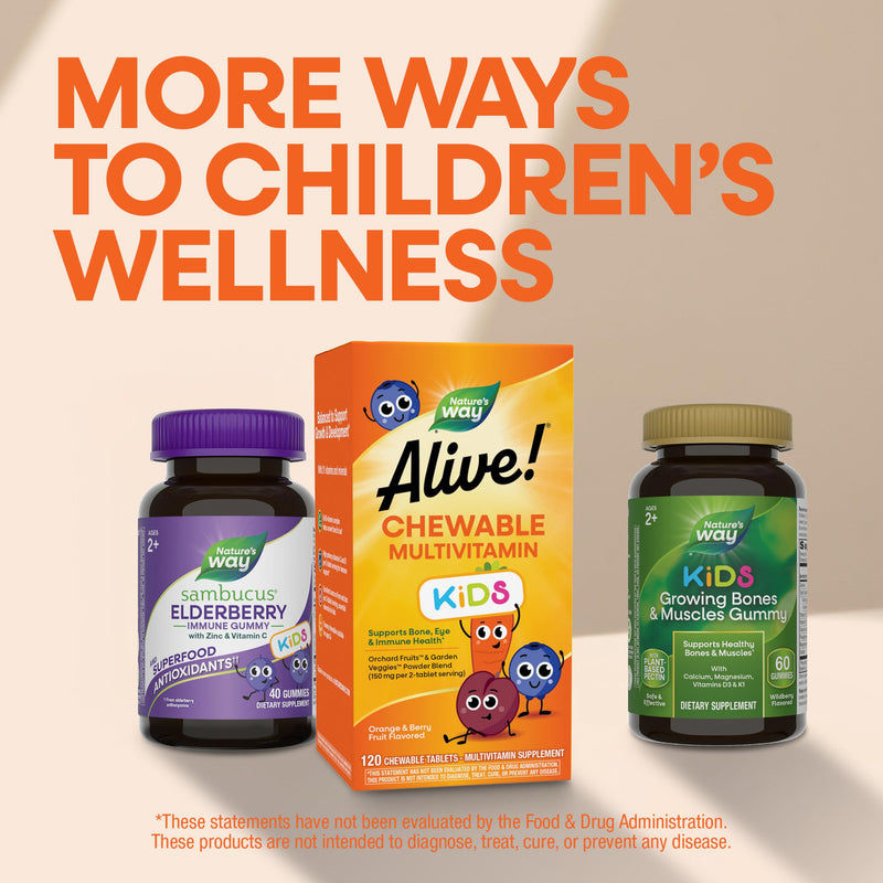 Nature's Way Alive! Children’s Chewable Multivitamin, Cherry, 120 ct | Kids Multivitamin Tablets with Orchard Fruits and Garden Veggies Powder Blend, Daily Kids Vitamins for Nutritional Support 120 Count (Pack of 1)