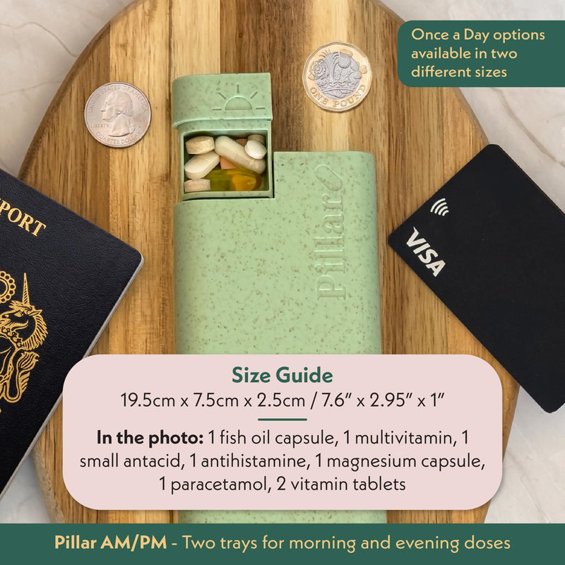 Pillar AM/PM Pill Box Organizer Two Times a Day - Aesthetic Weekly Pill Box | Perfect for daily use & travel, Day and Night trays, Sage Green, Great as a vitamin organizer or supplement organizer Pillar AM/PM - Twice a Day
