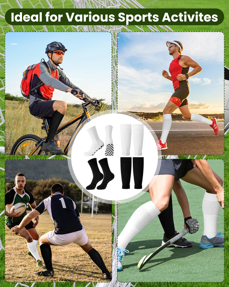 [Australia] - Eurzom 4 Sets Grip Soccer Socks with Shin Guard Sleeves for Men Non Slip Pads Black and White Athletic Socks with Compression Leg Sleeves for Christmas Soccer Football Basketball Sports Gifts 
