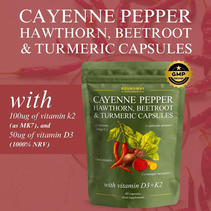 Cayenne Pepper Capsules with Hawthorn, Beetroot, Turmeric and Vitamin D3 K2 for Heart & Circulatory Support | 60 Capsules, 1 Month Supply | Made in The UK by Roundway Supplements