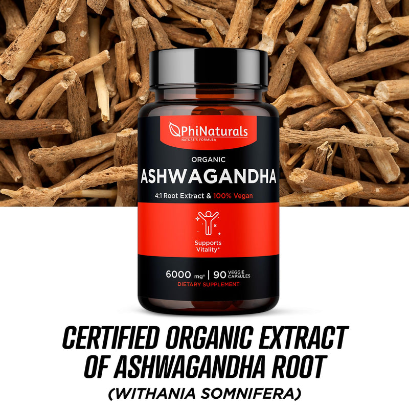 [Australia] - Ashwagandha Root Extract Capsules (Organic) Equivalent to 6000 mg Whole Root - Supplement with 1500 mg Per Serving - 500 mg Per Vegan Capsule - 90 Count 