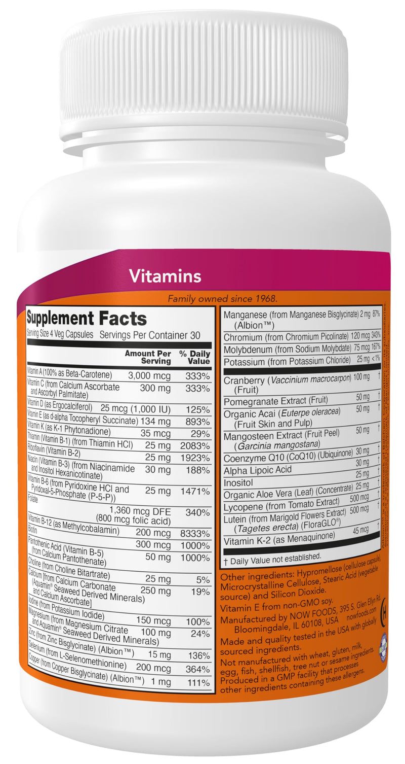 NOW Foods Supplements, Eve™ Women's Multivitamin with Cranberry, Alpha Lipoic Acid and CoQ10, plus Superfruits - Pomegranate, Acai & Mangosteen, Iron-Free, 120 Veg Capsules 120 Count (Pack of 1)