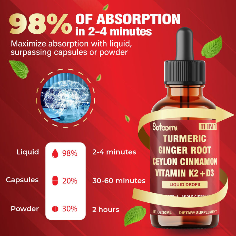 11in1 Liquid Turmeric Supplement for Immunity, Heart & Energy – with Vitamin D3, K2 MK7, Ginger, Garlic, Ceylon Cinnamon, Berberine, Ginseng, Apple Cider Vinegar – 30ml Drops – 60 Servings