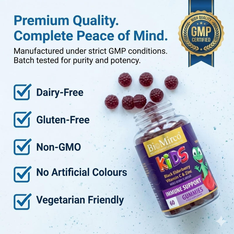 BioMirco Kids Immune Support Vitamins, Zinc for Kids, Immune System Booster, Triple Immunity Gummies, Delicious Taste Children's Gummy with Vitamin C, Zinc and Natural Elderberry, Daily Immunity