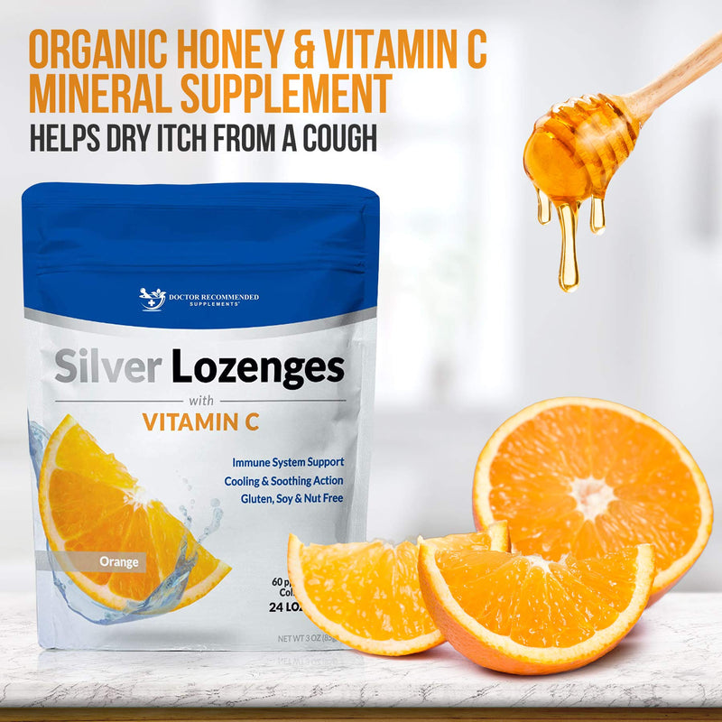 [Australia] - Silver Lozenges with Vitamin C - Premium Nano Silver 60 PPM Colloidal Silver, Organic Honey and Vitamin C Mineral Supplement Drops to Support Immune System, Soothe Cough & Throat - 24 Orange Lozenges 24 Count (Pack of 1) 