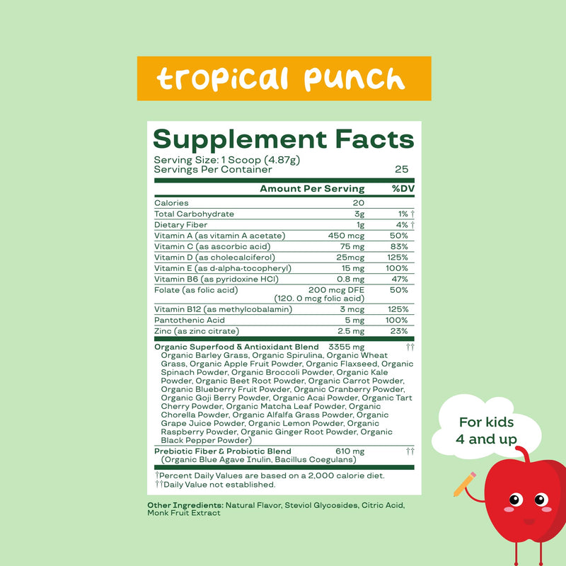 [Australia] - Bloom Nutrition Superfood Greens Powder for Kids, Digestive Enzymes, Probiotics, Prebiotics, Gut Health, Chlorella, Green Juice Mix w/Beet Root Powder (25 Servings (Pack of 1), Tropical Punch) 25 Servings (Pack of 1) 