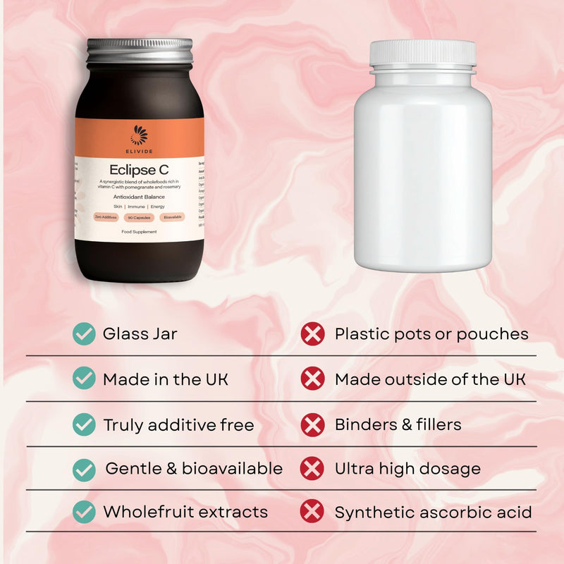 Eclipse Wholefood Vitamin C | with Wholefruit Pomegranate | 100% Additive Free | Natural & Rich in Bioflavanoids | 90 Capsules | UK Made | Immune & Skin Support | Glass Jar