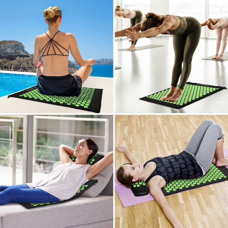 [Australia] - TOMSHOO Acupressure Set, Acupressure Mat and Pillow with 2pcs Massage Balls- Pain Relief Therapy Muscle Back Neck with Travel Bag for Men and Women Black 