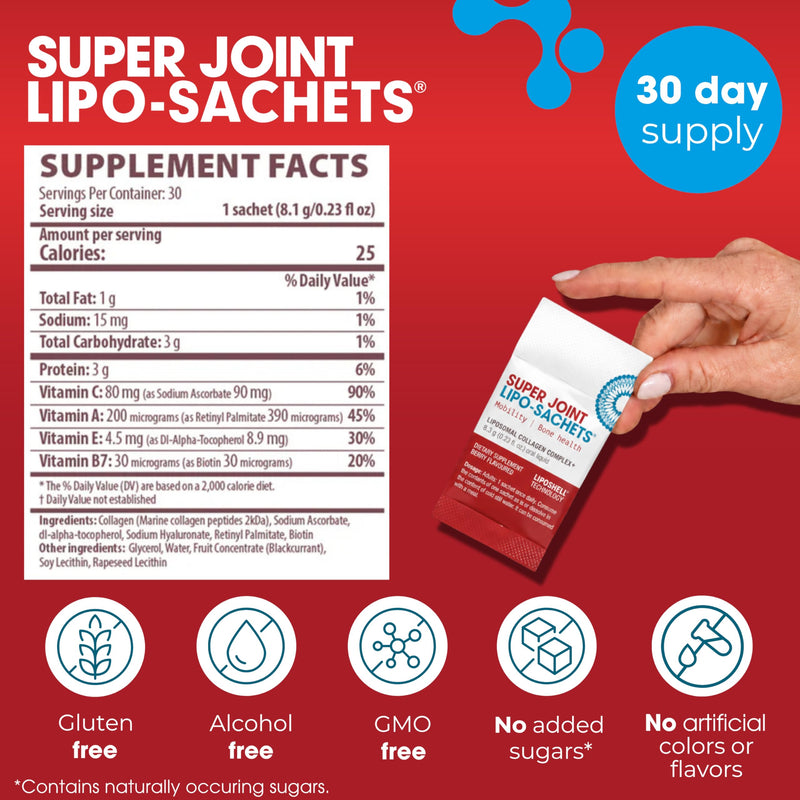 Super Joint Lipo-Sachets Liposomal Collagen Complex Gel Sachets | 30 Single-Serve Liquid Packets, Mobility & Bone Health Support, High Absorption Glucosamine, Chondroitin, Vitamin C, D & E