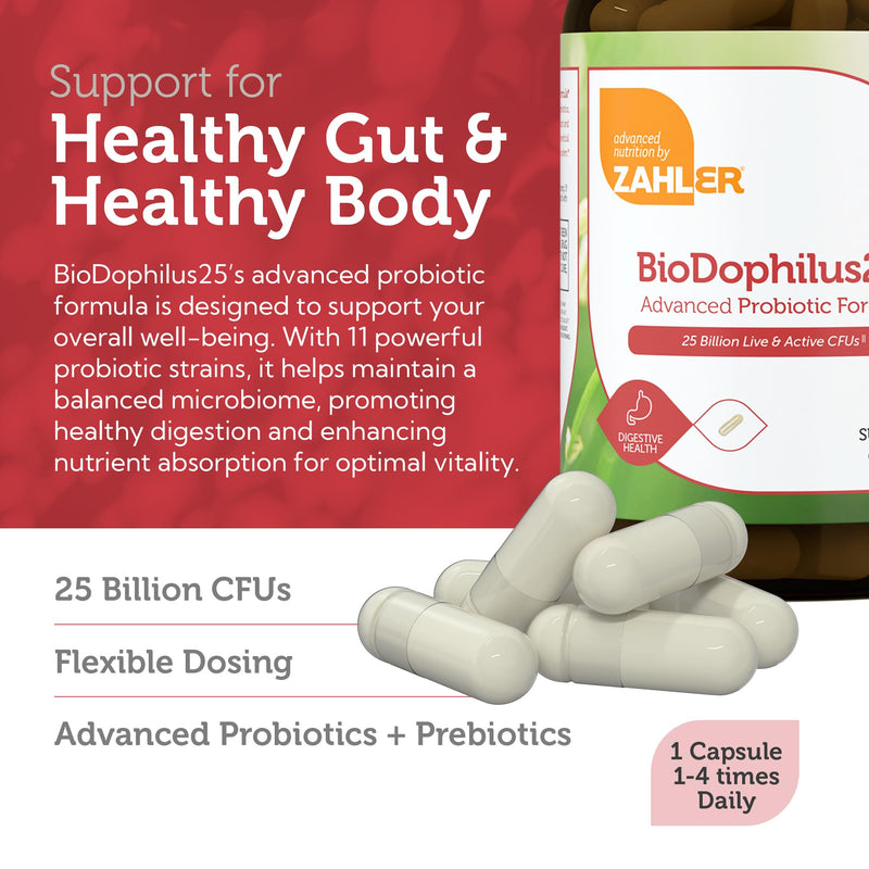 Zahler Biodophilus, All Natural Advanced Probiotic and Prebiotic Supplement, Promotes Digestive Health, 25 Billion Live Cultures and Intestinal Flora Per Serving, Certified Kosher, 30 Capsules