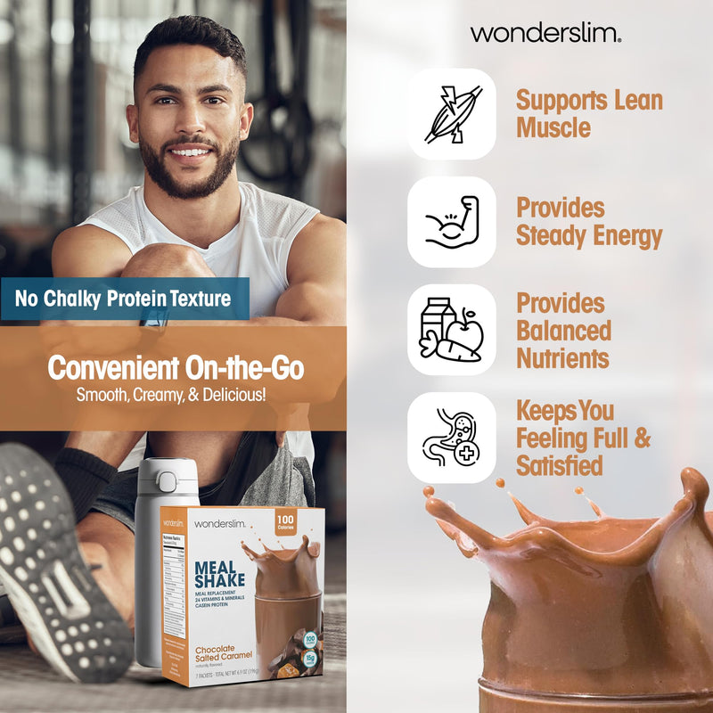 WonderSlim Protein Meal Replacement Shake – 15g Protein, 24 Vitamins & Minerals, Low Carb, Low Calorie, Gluten Free – Meal Replacement Drink for Weight Management, 7 Count Packets (Chocolate Salted Caramel) Chocolate Salted Caramel