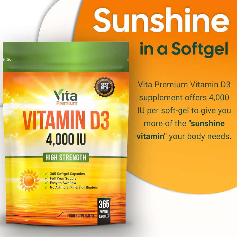 [Australia] - Vitamin D 4,000 IU, Maximum Strength Vitamin D3 Supplement, 365 Easy to Swallow Softgels - Full Year Supply 