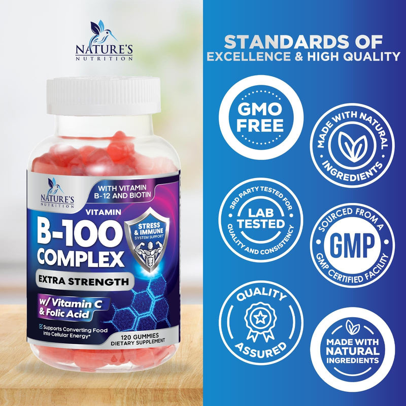 Vitamin B Complex Gummies - Extra Strength Super B Vitamin Gummy with Vitamin C, Immune Support for Men & Women - Energy and Brain Support Supplements with Folic Acid, Niacin, B6, B12 - 120 Gummies 120 Count (Pack of 1)