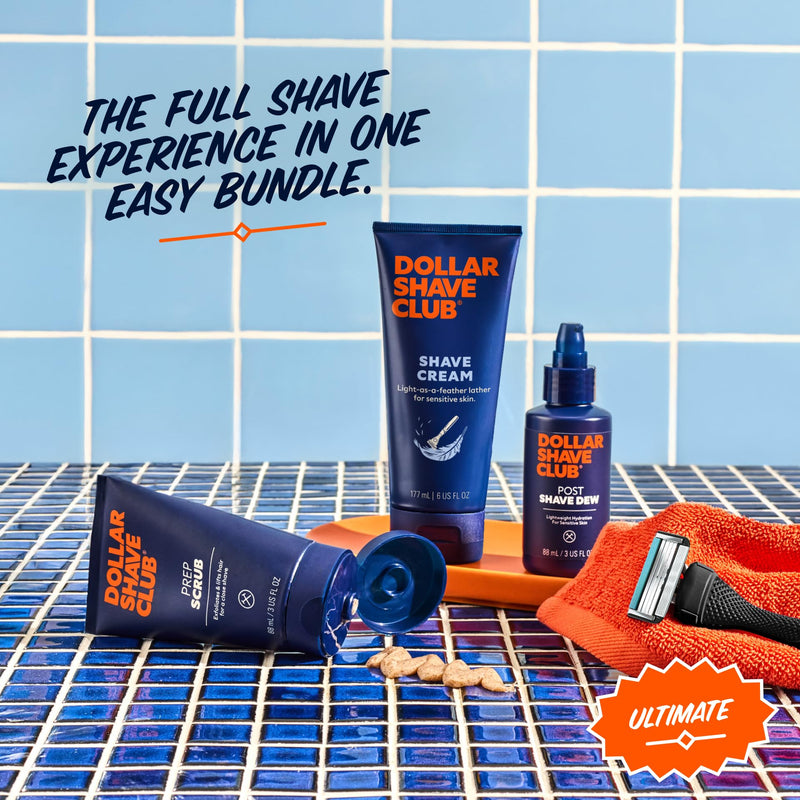 [Australia] - Dollar Shave Club Ultimate Set | 4 Swift Rinse Refill Cartridges, 1 Handle, 1 Prep Scrub 3 oz, 1 Shave Cream 6 oz, 1 Post Shave Dew 3.4 oz 5 Count (Pack of 1) Silver 