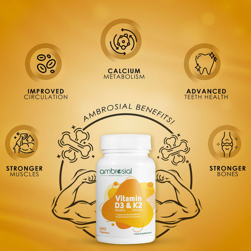 Ambrosial Vitamin D3 & K2 Tablets 4000IU Vitamin D3 + 100µg Vitamin K2 MK-7 for Healthy Bones, Muscles, and to Support the Immune System - 120 Tablets