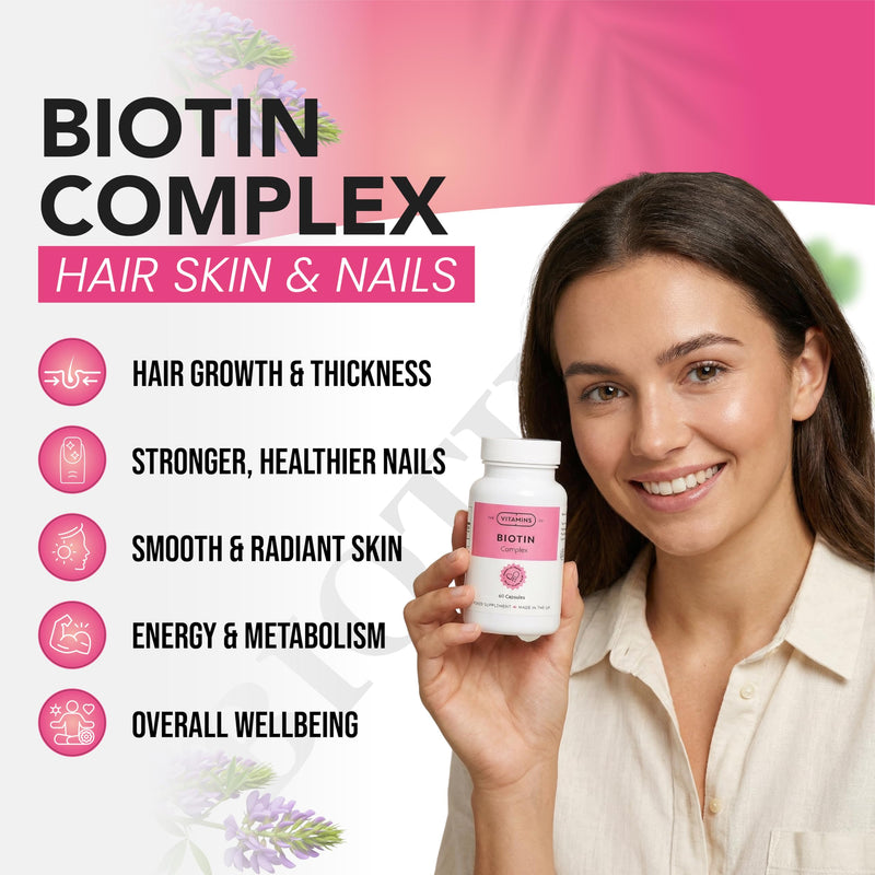 Biotin Complex Hair Skin & Nails Supplement | Supports Healthy Hair Growth, Strong Nails & Glowing Skin | Energy & Metabolism Support | 60 Capsules