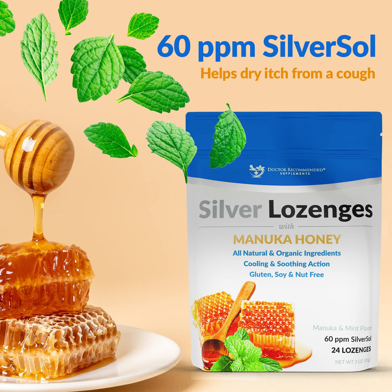 [Australia] - Silver Lozenges with Organic Manuka Honey and Vitamin C - All-Natural Nano Silver 45-50mcg of 60 PPM Colloidal Silver Mineral Drops to Support Immune System, Soothe, Cool Cough & Throat, 24-Lozenges 24 Count (Pack of 1) 