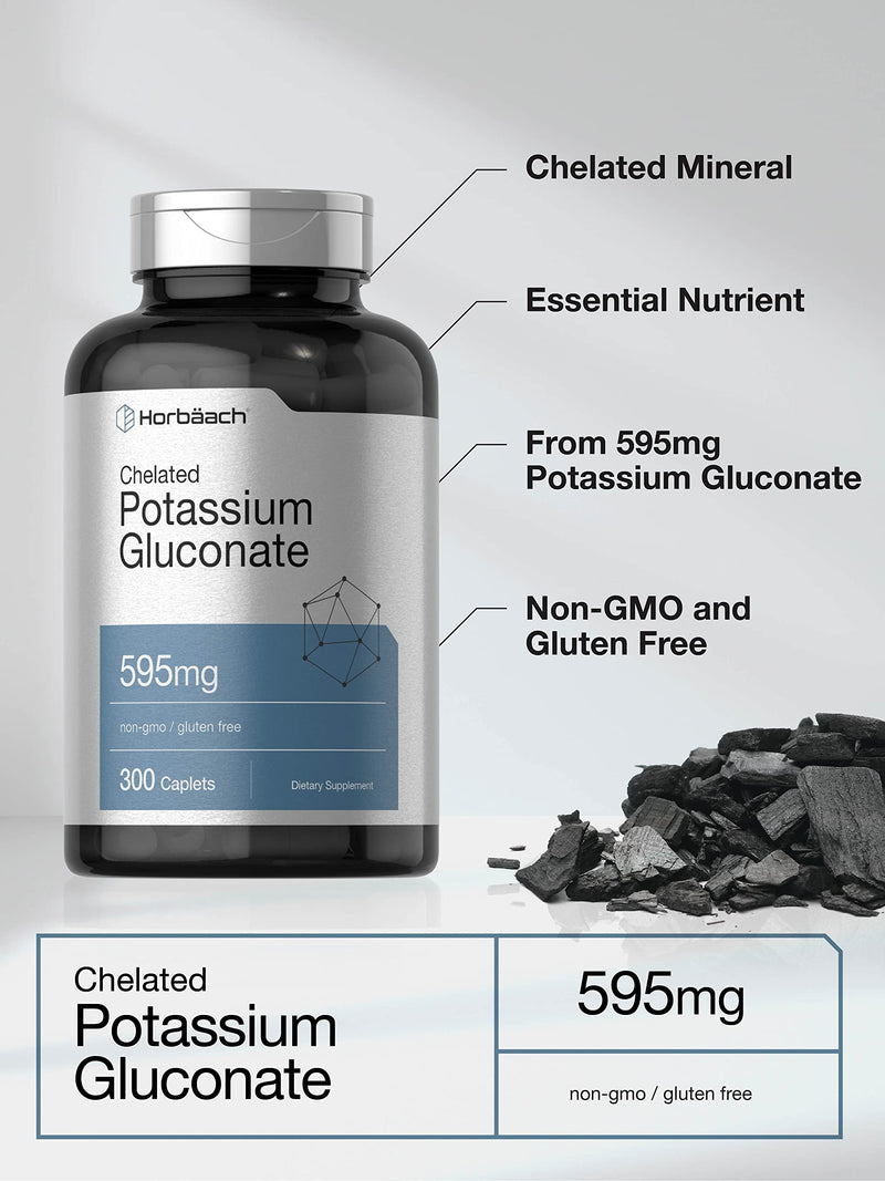 Horbäach Chelated Potassium Gluconate Supplement 595mg | 300 Count | Vegetarian, Non-GMO, Gluten Free 300 Count (Pack of 1)