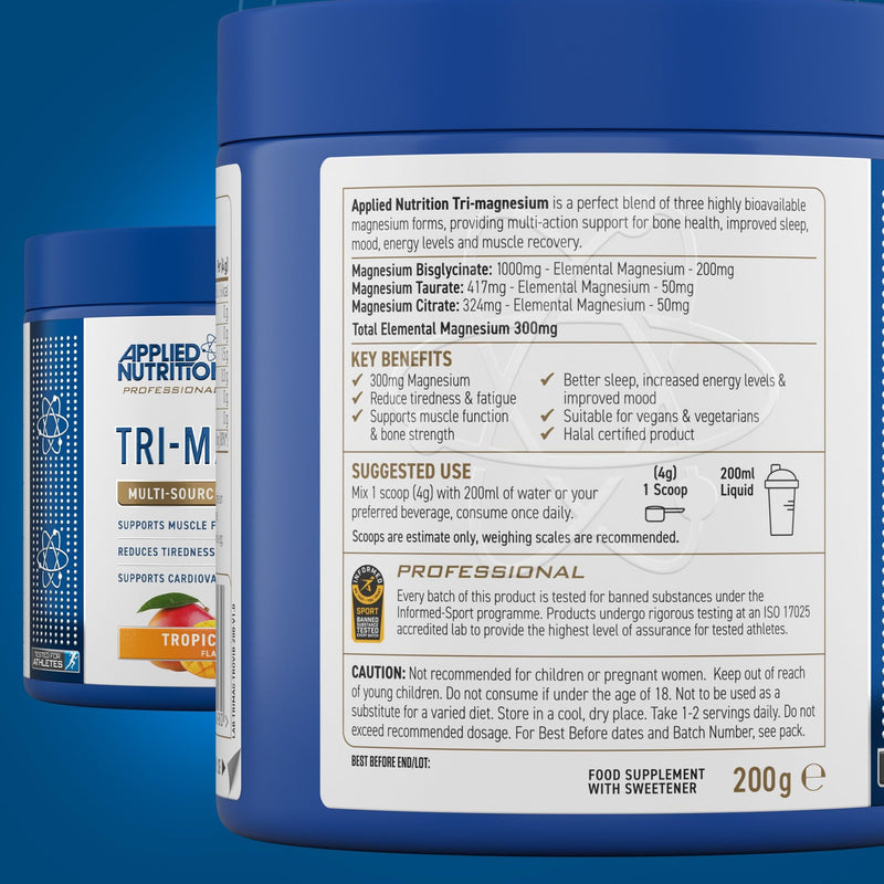 Applied Nutrition Tri-Magnesium Powder 3 in 1 - Magnesium Glycinate Supplements for Bone, Muscle, Nervous System Sleep Health - 300 mg per Serving (200g - 50 Servings) (Tropical Vibes) Tropical Vibes 200 g (Pack of 1)