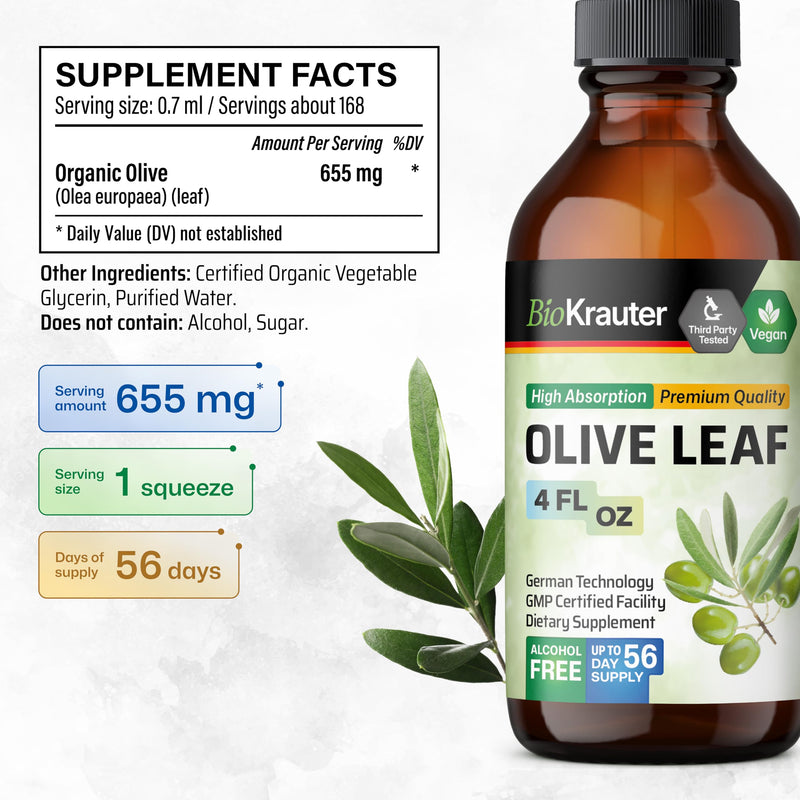 [Australia] - Olive Leaf Extract Liquid - Olive Leaf Tincture for Immune Support - Natural Oleuropein Source - Alcohol and Sugar Free - Vegan Olive Leaf Extract Organic 4 Fl.Oz. 4 Fl Oz (Pack of 1) 