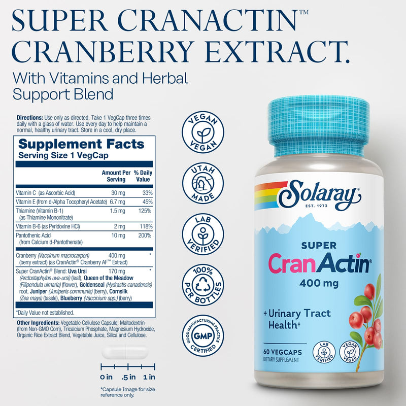 SOLARAY Super CranActin Cranberry Extract 400mg | Healthy Urinary Tract Support | with Added Vitamins | 60 VegCaps 60 Count (Pack of 1)