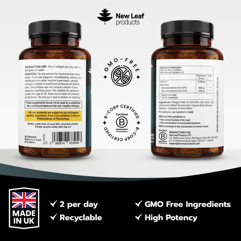 Omega 3 Softgels 660mg EPA & 440mg DHA High Strength 2000mg - 180 Softgel Omega 3 Fish Oil Capsules for 3 Months of Supply, Fish Oil Omega 3 Supplements 180 count (Pack of 1)
