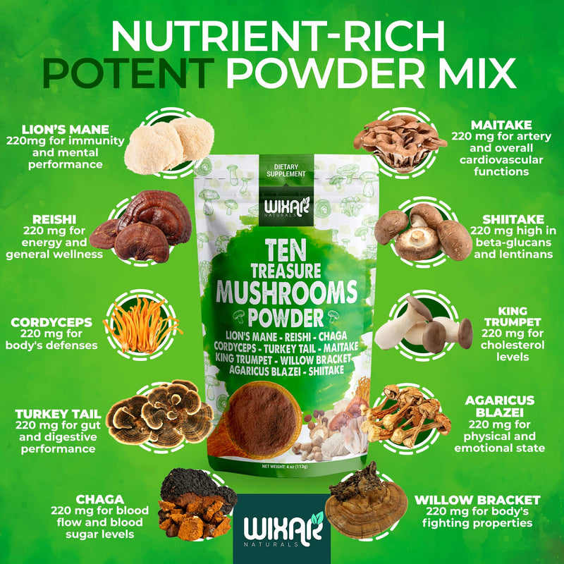 [Australia] - Wixar Mushroom Powder - Ten Treasure Mushrooms Extract Supplement Blend for Coffee & Smoothies - Lions Mane, Turkey Tail, Reishi, Chaga, Shiitake, Cordyceps, Complex - 4oz Mushroom Supplement 