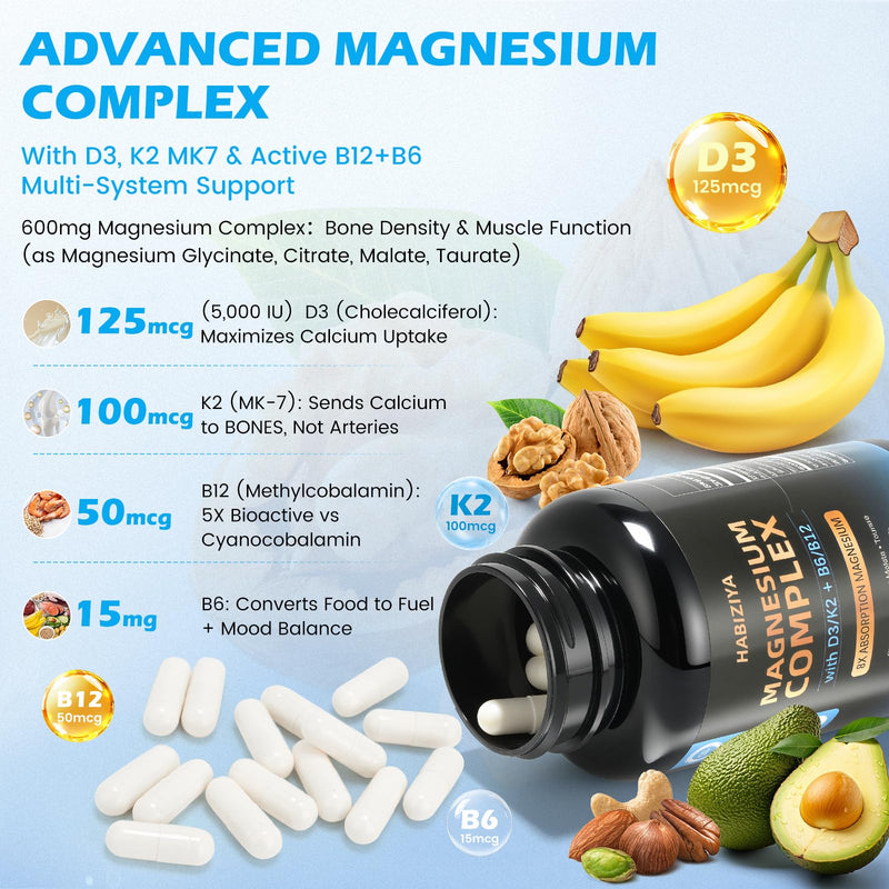 Magnesium Complex Supplement 600mg with with D3 K2 MK7 & B Vitamins High Absorption Capsules with Glycinate, Citrate & Malate,Taurate Relaxation,Muscle,Heart Support, Vegan 120 Capsules 120 Count (Pack of 1)
