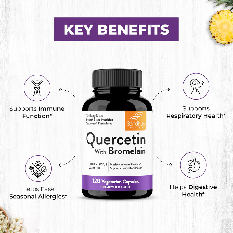 Quercetin with Bromelain 500mg Supplement Capsules 1000mg Per Serving 360Ct | 500mg Combination Supplements 2400 GDU/g Gluten-Free Natural 180 Servings and Encapsulated in USA By Sandhu's 120 Count (Pack of 3)