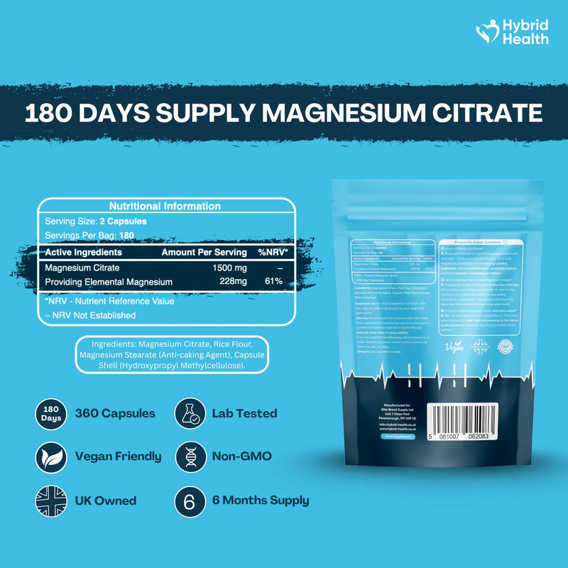 Hybrid Health Magnesium Citrate 1500mg Supplement - 360 Vegan Capsules, High-Strength Formula, Independently 3rd Party Lab Tested, 6 Months Supply