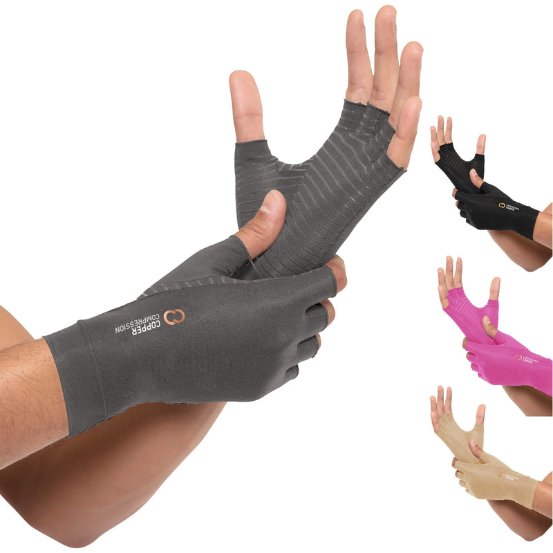 Copper Compression Arthritis Gloves | Fingerless Arthritis Carpal Tunnel Pain Relief for Men & Women | Hand Support Wrist Brace for Neuropathy, Rheumatoid, Tendonitis, Swelling, Crocheting, Typing Grey M Medium (1 Pair)