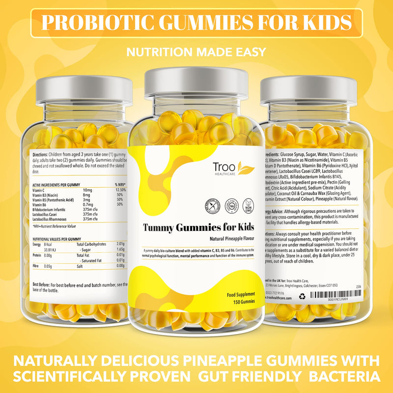 Troo Health Care Tummy Gummies Probiotics with Vitamins for Kids & Adults - 150 Natural Pineapple Active Bacteria Gummies with Vitamin C, B3, B5 & B6 to Support Immune Function & Mental Development 150 count (Pack of 1)