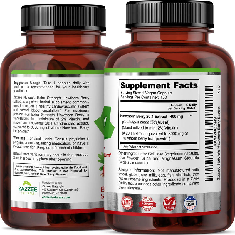 [Australia] - Zazzee Extra Strength Hawthorn Berry 20:1 Extract, 8000 mg Strength, 2% Vitexin, 150 Vegan Capsules, 5 Month Supply, Concentrated and Standardized Potent 20X Extract, Non-GMO and All-Natural 