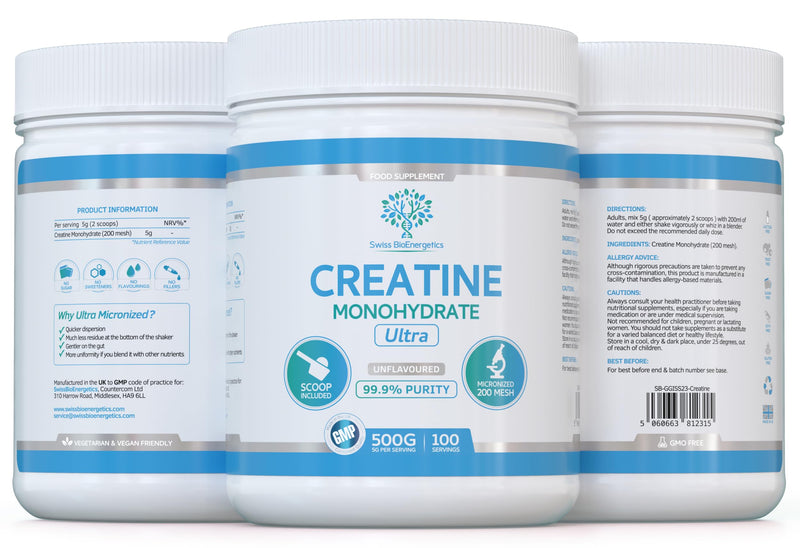Creatine Monohydrate Powder - 500g (100 Servings) | Ultra Micronized 200 Mesh for Superior Absorption | Pure & Unflavoured | for Muscle Strength & Recovery - Absolutely Nothing Added, Vegan & UK Made