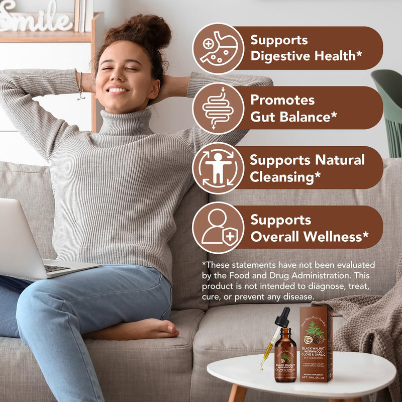 Wormwood Black Walnut Clove Drops, 20-in-1 Premium Herbal Blend Supplement Supports Rapid Gut Cleanse & Digestive Health, Daily Energy and Well-Being Black Walnut-60.00ml.