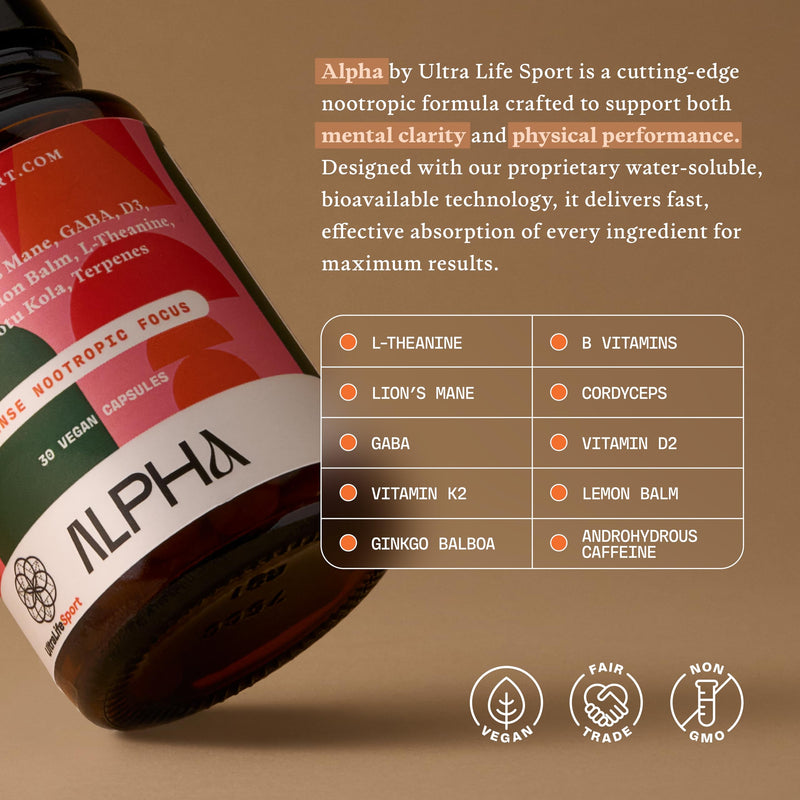 Ultra Life Sport Alpha Nootropic Body and Brain Supplements - 30 Capsules | Body and Brain Supplements for Memory & Focus - L-Theanine, B Vitamins, Lion's Mane, Cordyceps Mushrooms, Vitamin D3, K2 MK-7