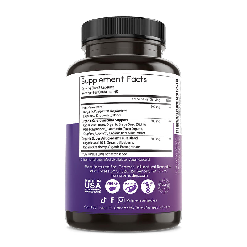 [Australia] - Thomas' all-natural Remedies Resveratrol 1600mg Organic Trans-Resveratrol Antioxidant Supplement with Organic Grape Seed Extract and Quercetin- Anti-Aging and Cardiovascular Support- 120 Capsules 