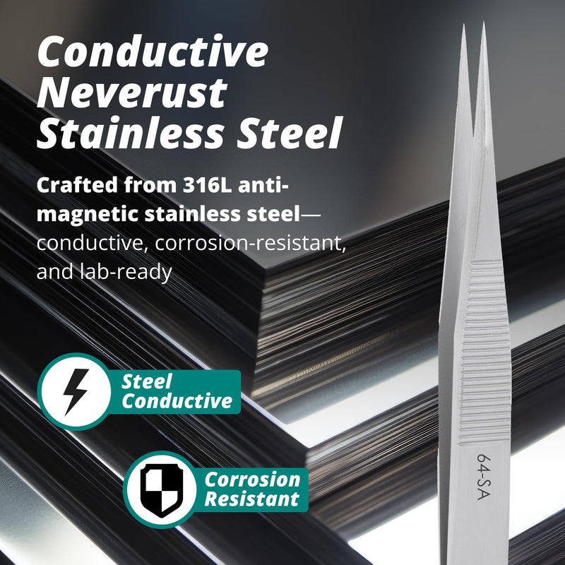 Excelta 64-SA Precision Tweezers, Straight Fine Tip, 4.75" Anti-Magnetic 316L Neverust Stainless Steel, Serrated Handle, ESD-Safe, Swiss-Made Tool for Electronics, Lab Use, Cleanroom & Forensics 4.75" Tweezer, Straight Very Fine Points