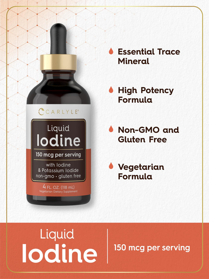 [Australia] - Carlyle Liquid Iodine Drops 4 fl oz | 150 mcg | Iodine & Potassium Iodide Supplement | Vegetarian Liquid Tincture | Non-GMO, Gluten Free 