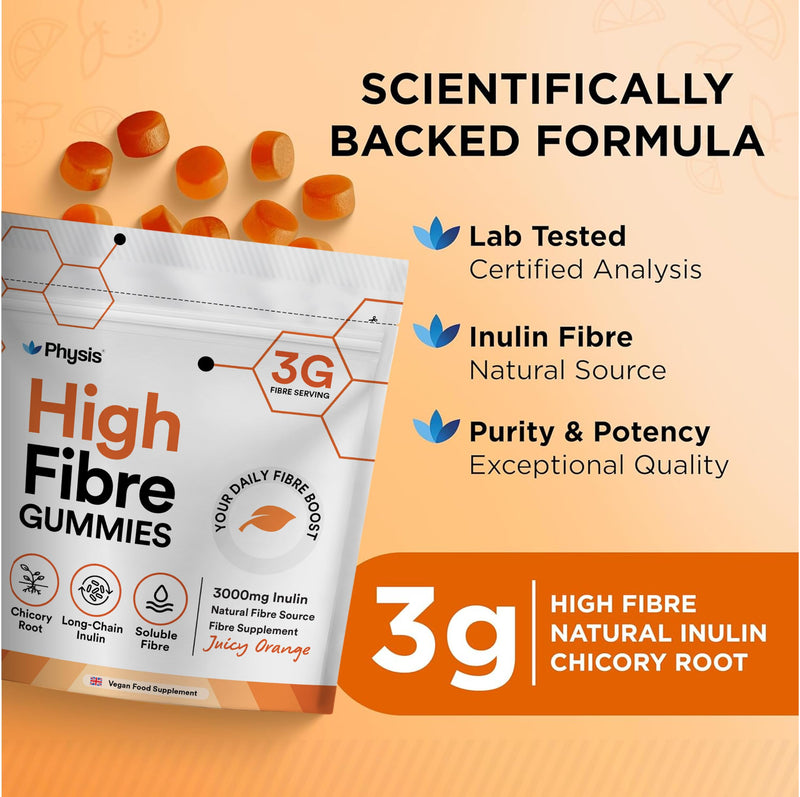 Physis Fibre Gummies 3000mg - High Fibre Supplement | Natural Inulin Soluble Fiber | Chicory Root Digestive System Support | Prebiotics for Gut Health | Vegan Natural Orange 60 x Gummies | 1 Month